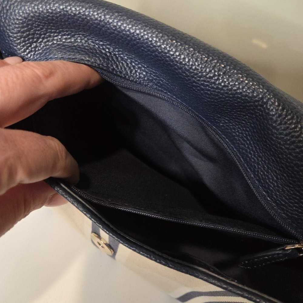 Kate Spade New York Crossbody Bag Navy Blue Leather Striped Canvas Flap Handbag - Picture 7 of 8